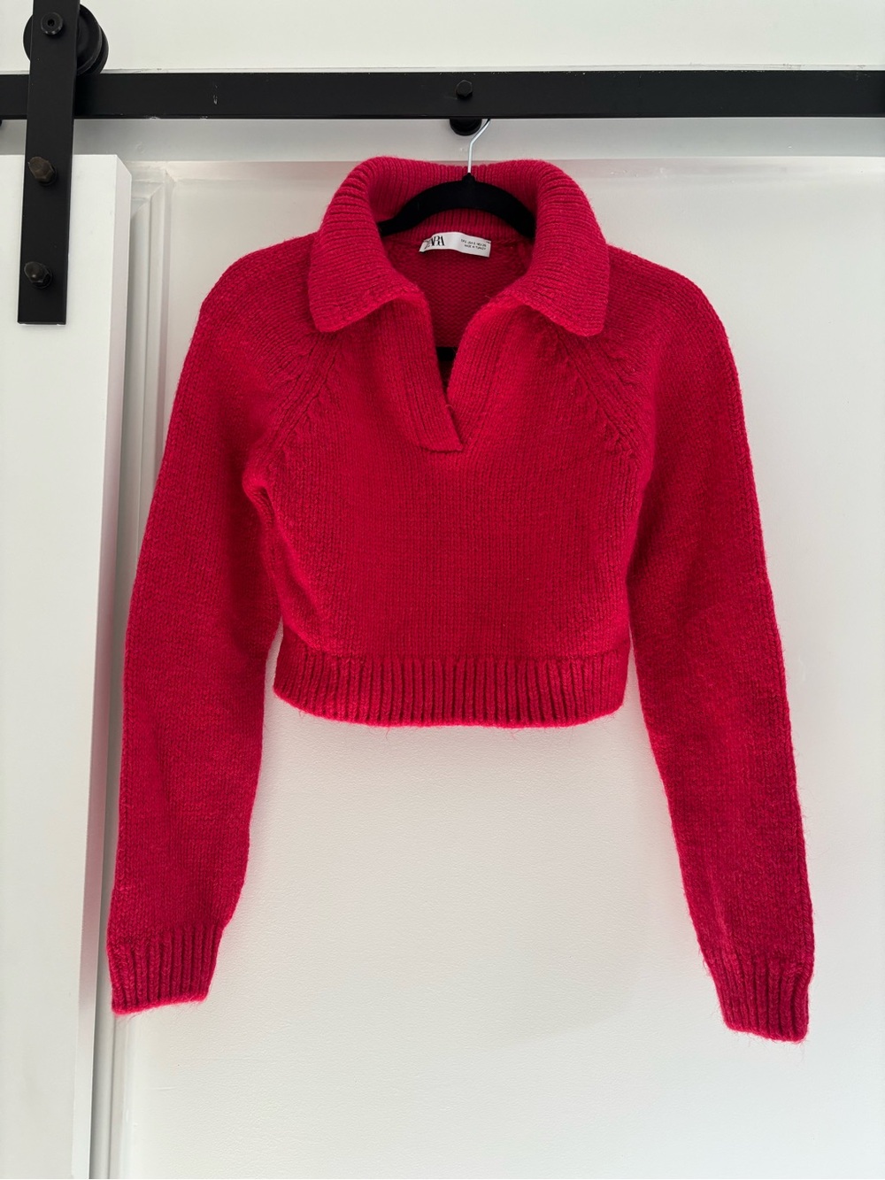 Zara Vibrant Red V-Neck Cropped Polo Knit Sweater